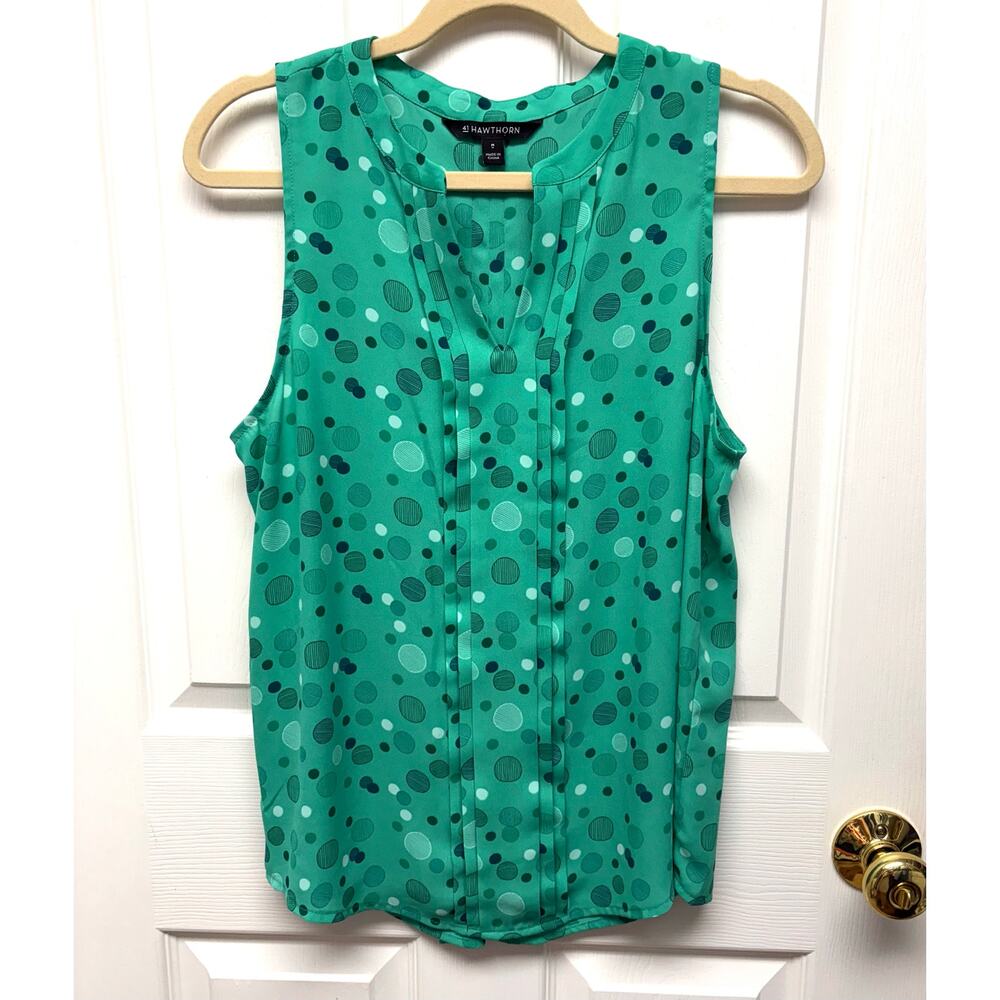 Hawthorne Blouse Green Split Neck, NWOT, Navy White Polka Dots, Women's Size M